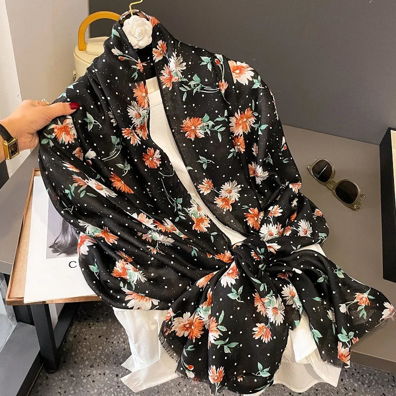 Newest Arrival 2024 Fashion Black Flower Printed Shawls Elegant Floral Pattern Soft Viscose Cotton Feeling Scarves Head Hijab
