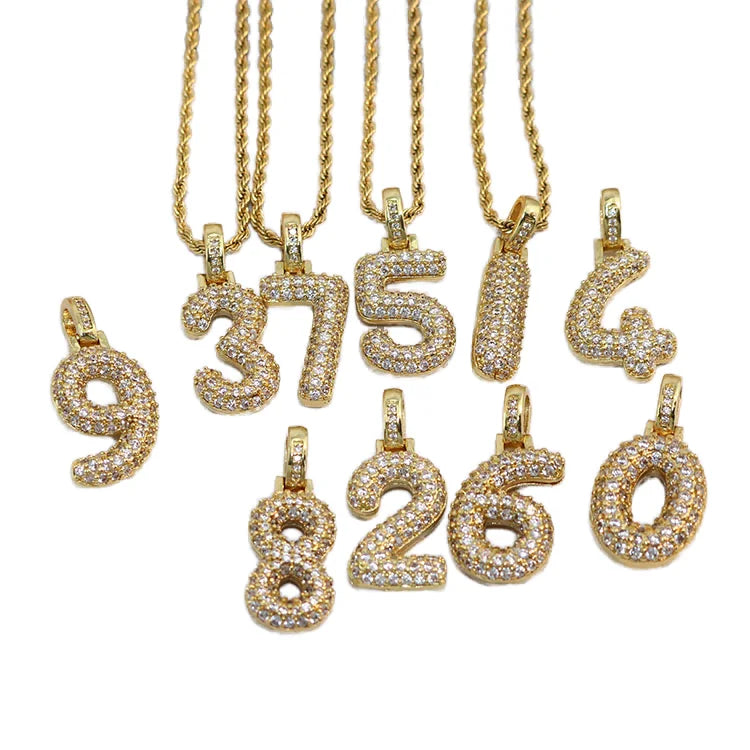 NZ1511 18k Gold Plated Stainless Steel Rope Chain Iced Out Cz Micro Pave Arabic Number Digits Charm Women Chain Ladies Neckla