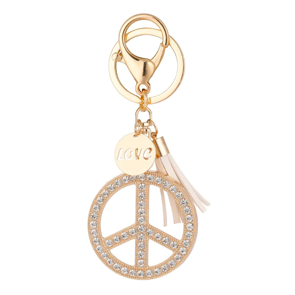 Fashion Gold Plated Letter Love Peace Key Holder Accessory Rhinestone Crystal Peace Sign Keychain for Gift