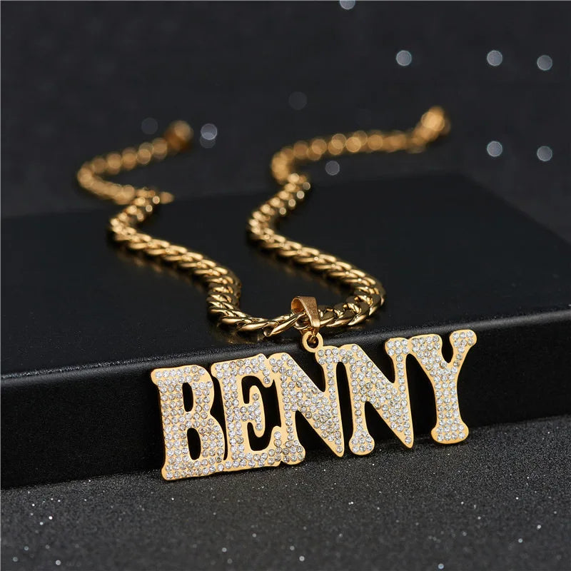 Extra Large Custom Name Pendant Necklace for Women Men Stainless Steel Zircon Stones Gold Plated Link Chain Anniversary Gift