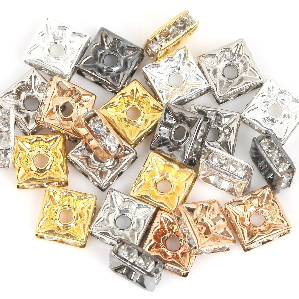 50pcs Gold Color Silver Color Square Rhinestone Rondelle Crystal Spacer Beads for Jewelry Making DIY Bracelet Necklace Access