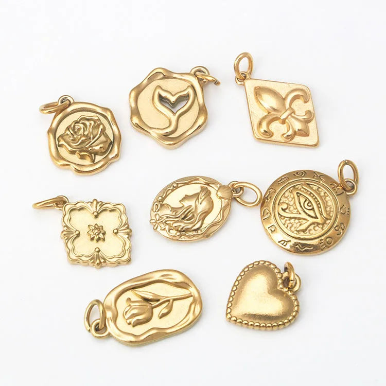 S1219 Dainty Tarnish Free Jewelry Supplies 18K Gold Plated Stainless Steel Heart Rose Flower Mermaid Eye of Horus Charm Penda