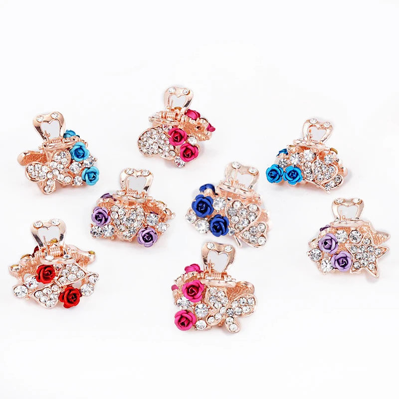 Metal Rose Heart Rhinestone Mini Haarklammer Shark Hair Claw Bows Stars Clamps Clips Butterfly Plating Girls Hair Clips