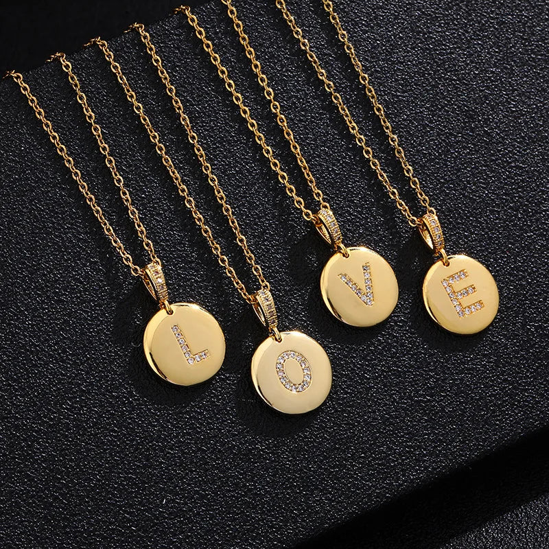 Factory Stainless Steel 18K Gold Plated Chain Necklace 26 Initial English Letter Copper Necklace with Zircon Chain Necklace