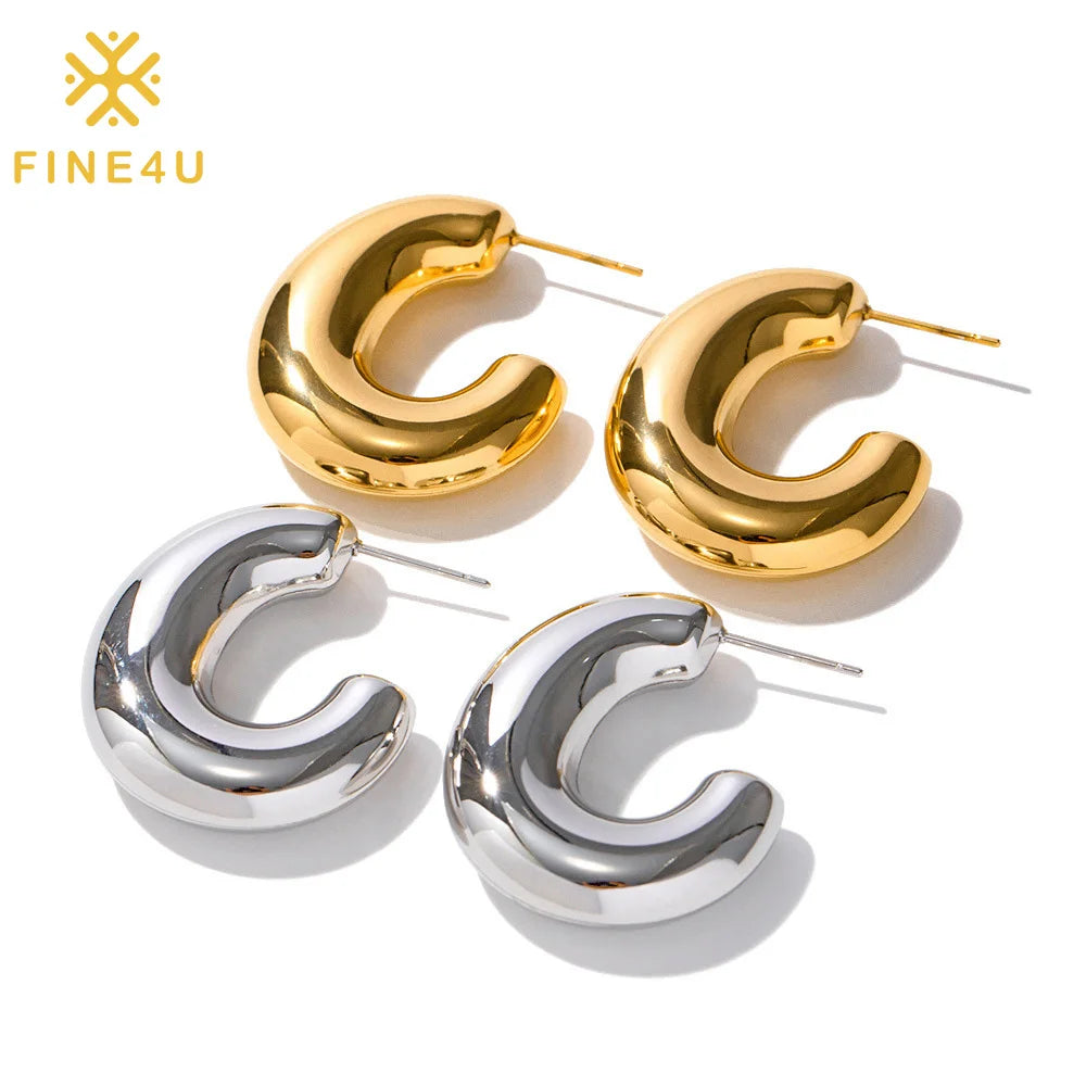 Tarnish Free Waterproof Fashion Jewelry Stainless Steel C Shaped 18K Gold Plated Women Hoop Earrings