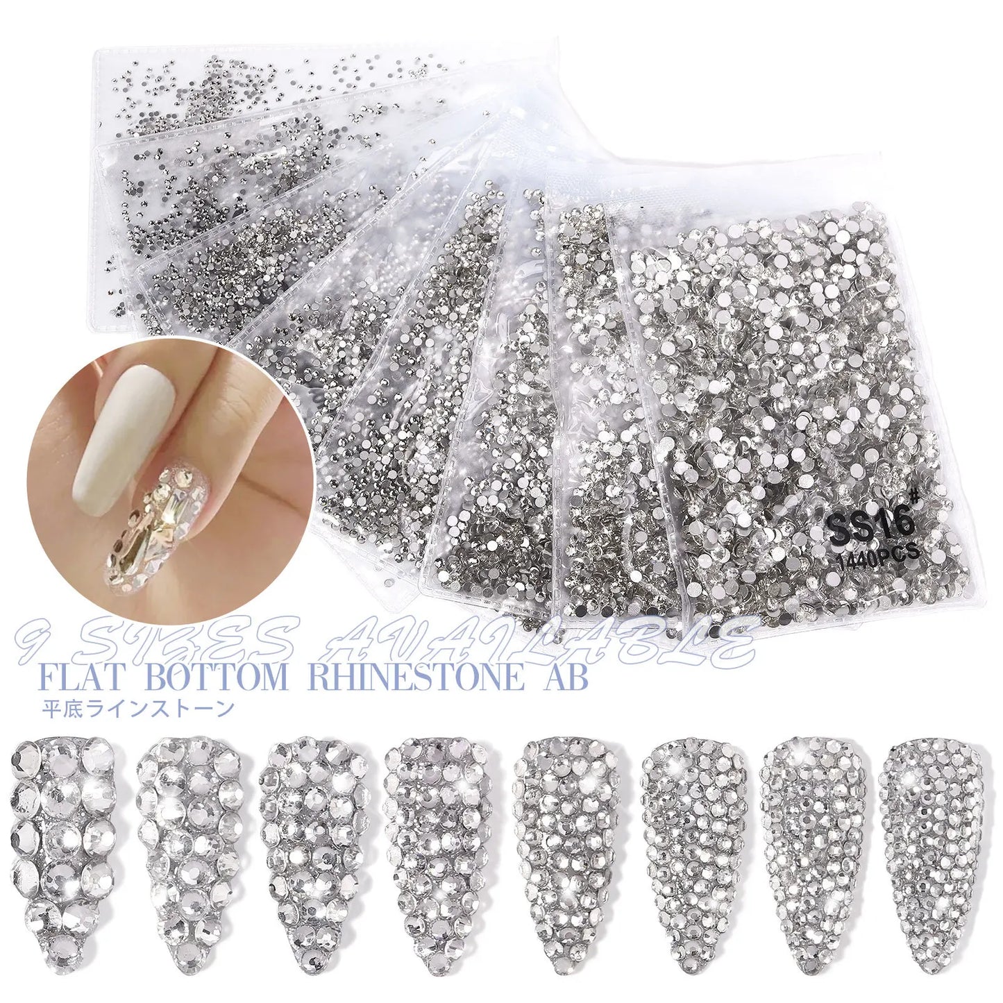 1440pcs /bag SS3-SS40 Flat Back Round Crystal Rhinestone AB Color Diamonds for Nail Decorations