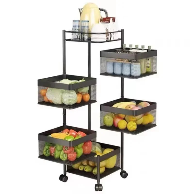 5 Tier Rotating Storage Baskets Rack Kitchen Storage Shelf Cube Fruit Vegetable Organizer with Wheels Stackable Metal Foldabl