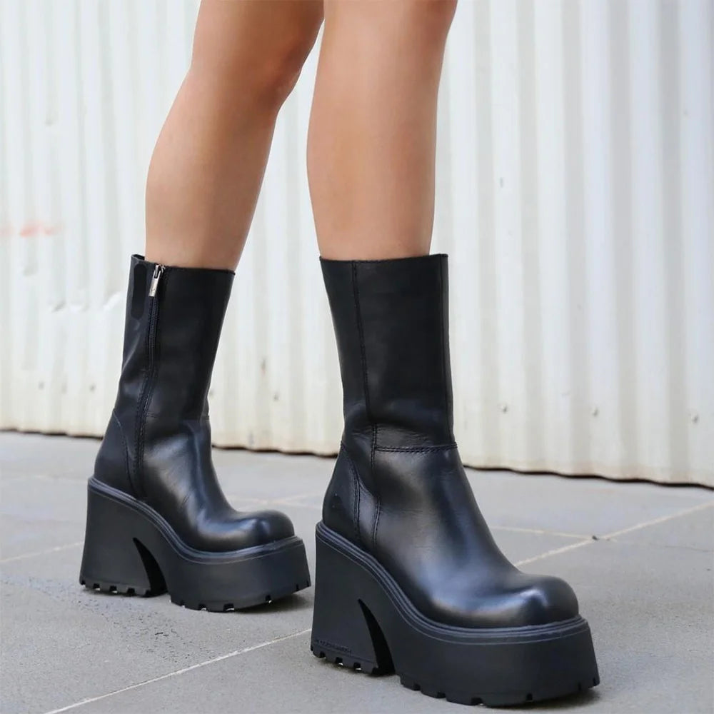 Black Friday Europe America New Winter Round Toe Thick Soles Side Zippers Punk Short Boots High Platform High Heel Ankle Boot