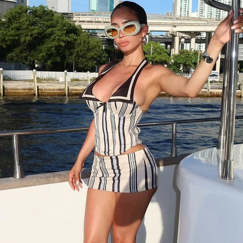 Summer New Arrival Women Sleeveless Turndown Neck Bodycon Mini Dress Two Pieces Set Women Casual Dress