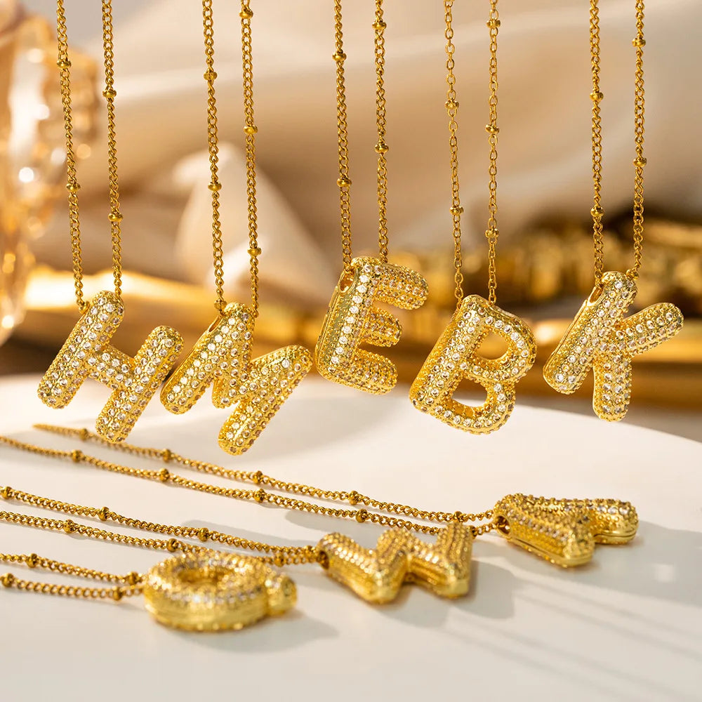 New 26 English Letters Necklace Initial Balloon Bubble 18K Gold Necklace Inlaid With Zircon Stainless Steel Necklace for Wome