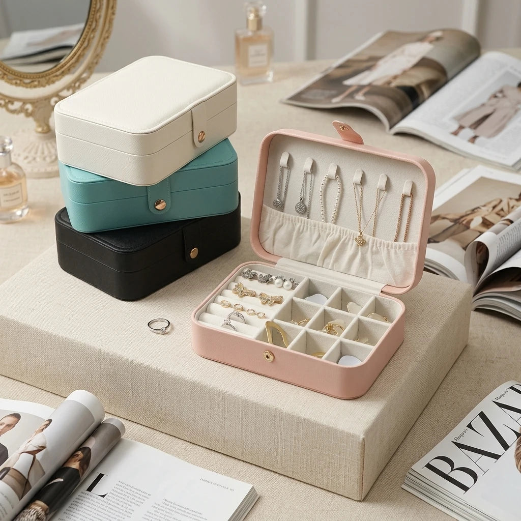 Multifunctional Portable PU Leather Jewelry Box Simple Flip Design Small Travel Jewelry Organizer for Women's Earrings