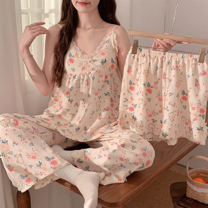 2024 New Sweet Pajamas Strap Nightgown 3 Ini 1 Piyama Cotton Pj Set Pijamas Mujer Night Suit 3 Pieces Ladies Women's Sleepwea