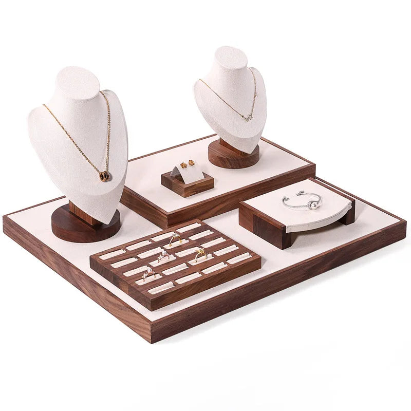 Classic Walnut Wooden Luxury Adjustable Customizable Ring Earring Necklace Bracelet Pendant Jewelry Display Table Set Package