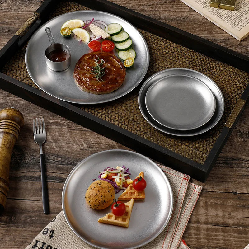 Retro Stainless Steel Plate for Barbecue Dish Hot Pot Beef Sushi Tray with Plant Pattern for Camping MOQ 10 Pcs