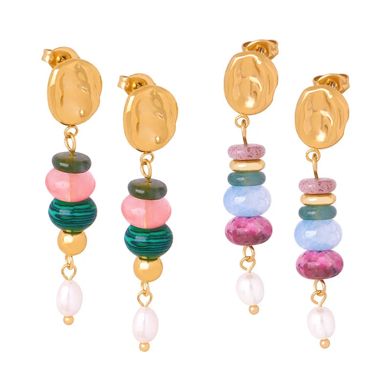 Vintage Natural Stone Handmade Beaded Long Stainless Steel Earrings Pearl Pendant Jewelry Earrings for Women