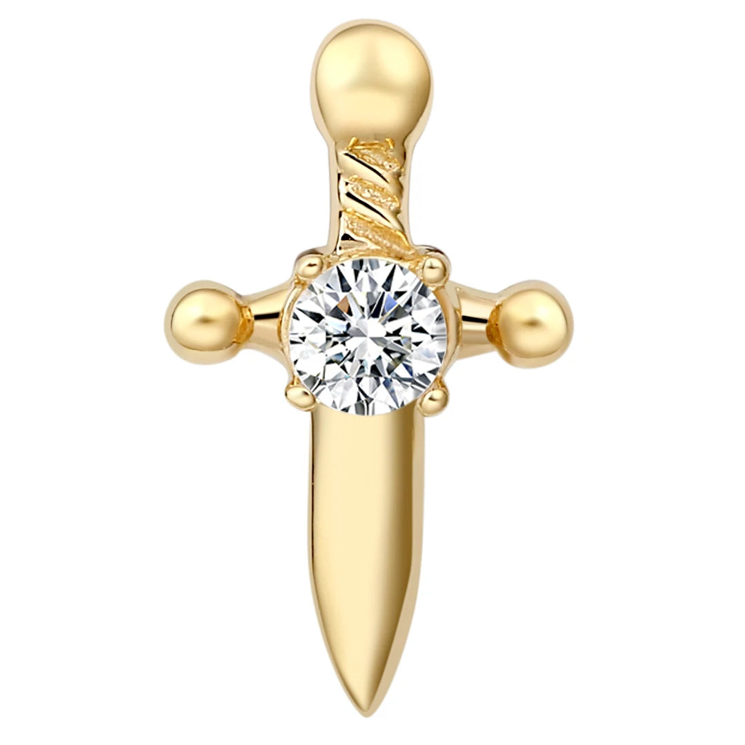 Eternal Metal 14K Solid Yellow Gold 5A CZ Sword Ear&Nose Helix Tragus Piercing Labret Jewelry Threadless Push in  Ends Tops