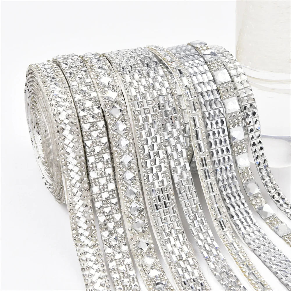 Glitter Clear Square Rhinestone Sticker Diamond Ribbon Self Adhesive Crystal Tape Trim Applique for Wedding Car Home Decorati