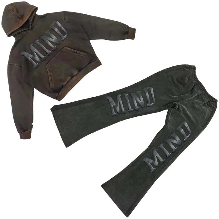 Custom Own logo 100% Cotton Terry   Distressing Vintage Acid Wash Hoodie and Flared Sweats Pant Sweat Suit