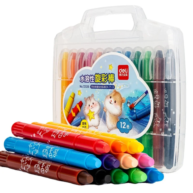 Deli 72126 12pcs/box Rotatable Water-soluble Oil Pastel for Kids Children's Washable Crayons 48box*12pcs=576pcs Per Carton Se