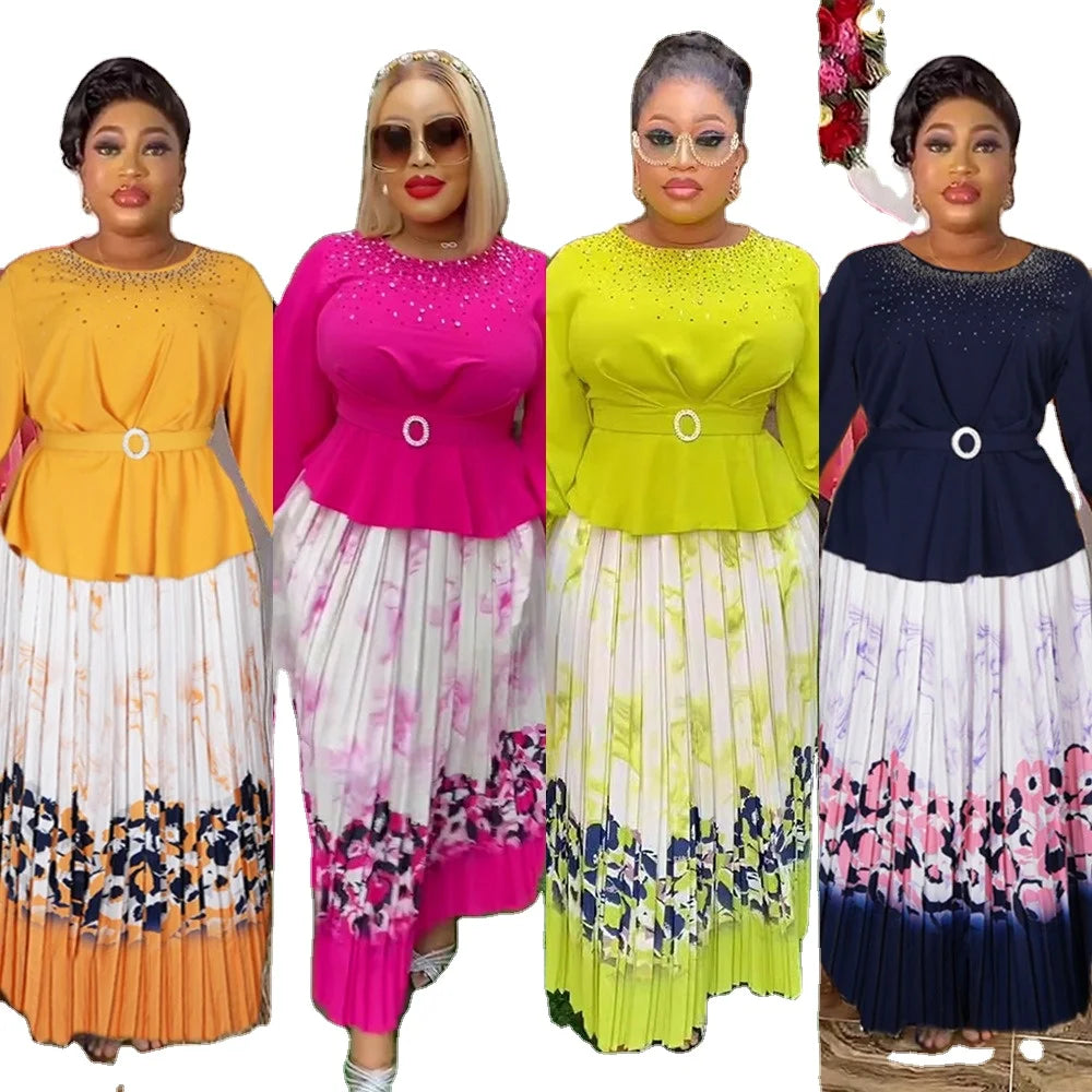 African New Design Elegant Colorful Skirts Set Two Pieces Top and Skirt Suit for Women K0445