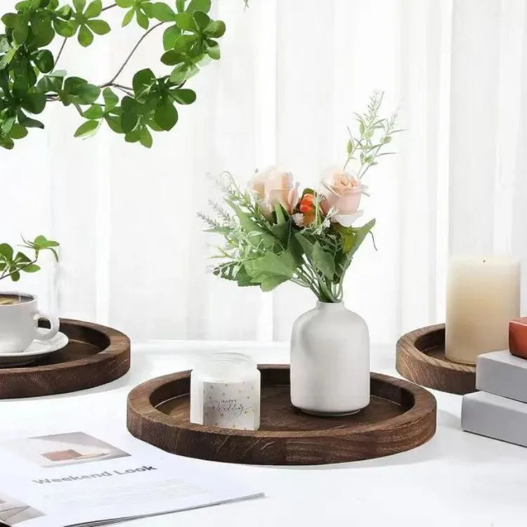 9 12 Inch Wooden Coffee Table Decor Kitchen Farmhouse Black Wood Decorative Round VanityTray for Living Room Decor