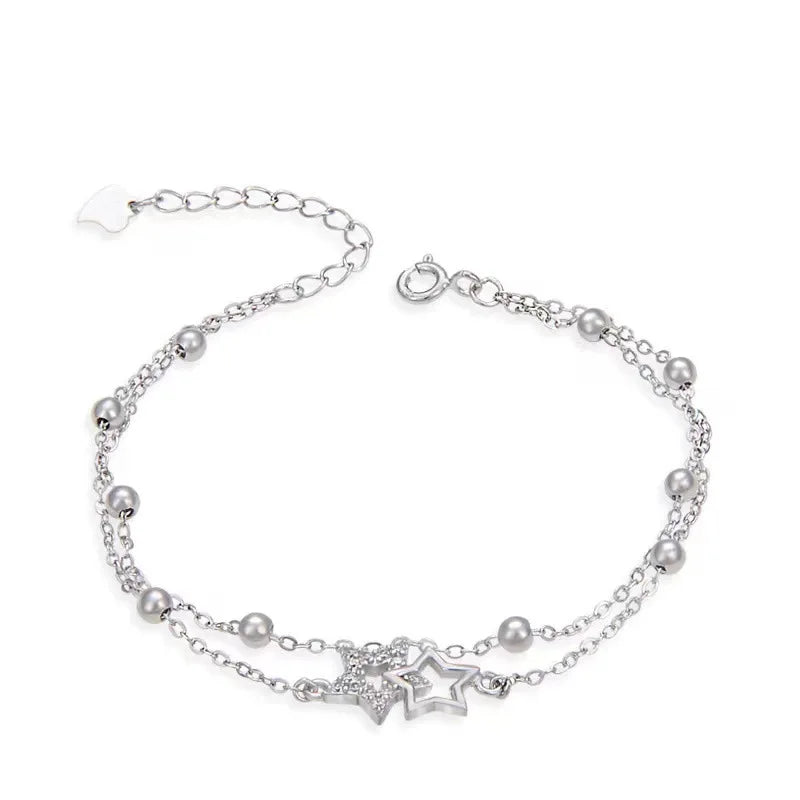 Rhinestone Sparkling Star Pendant Sterling Silver Link Chain Bangle Fashion Jewelry S925 Charm Bracelet for Women Lady Girls