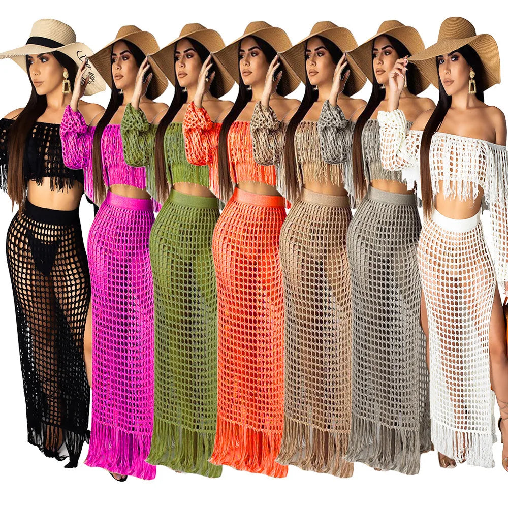 Beach Vacation Hollow Out Crochet Supply New Women's Clothing Casual Mesh Tassel Beach Dress Two-Piece Set