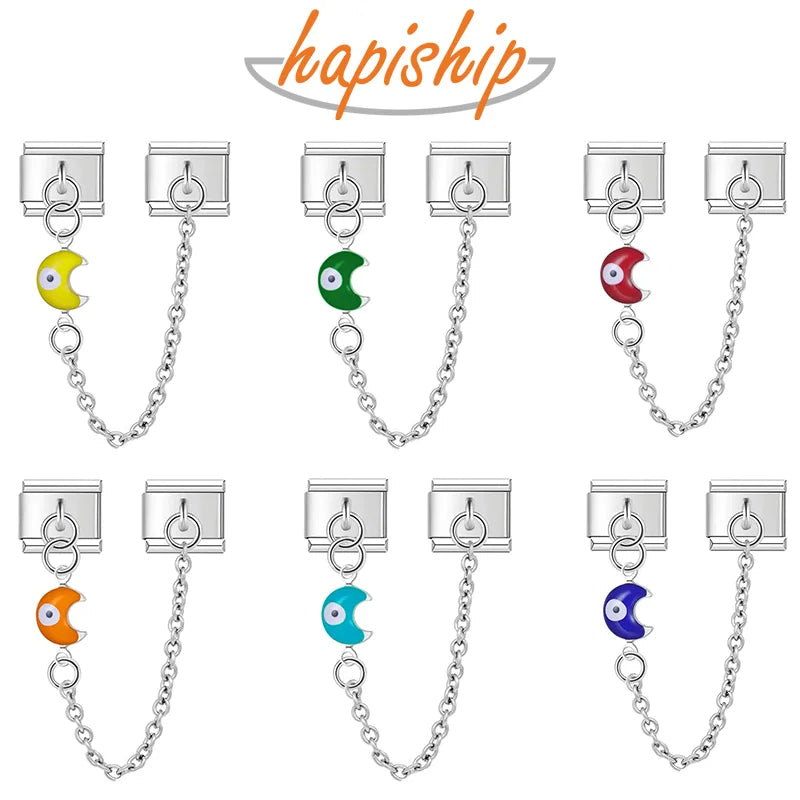 Hapiship New Original Design Glaze Moon Eye Chain Link Italian Charm Fit 9mm Bracelet Stainless Steel Making DIY Jewelry DJ70