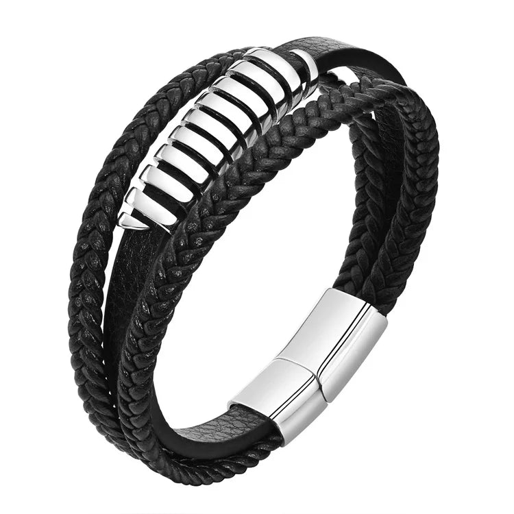 Fashion Personalized Men Accessories Jewelry Stainless Steel Black Leather Bracelets