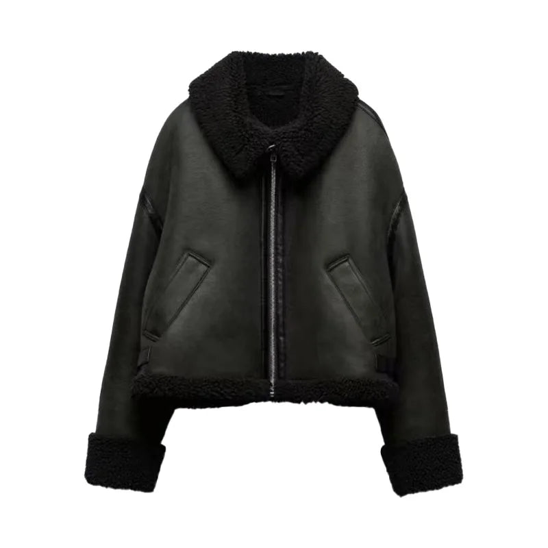 ZATRHMBM 2023 Women Fashion Warm Reversible Motorcycle Jackets Coat Vintage Long Sleeve Side Pockets Female Outerwear Chic To