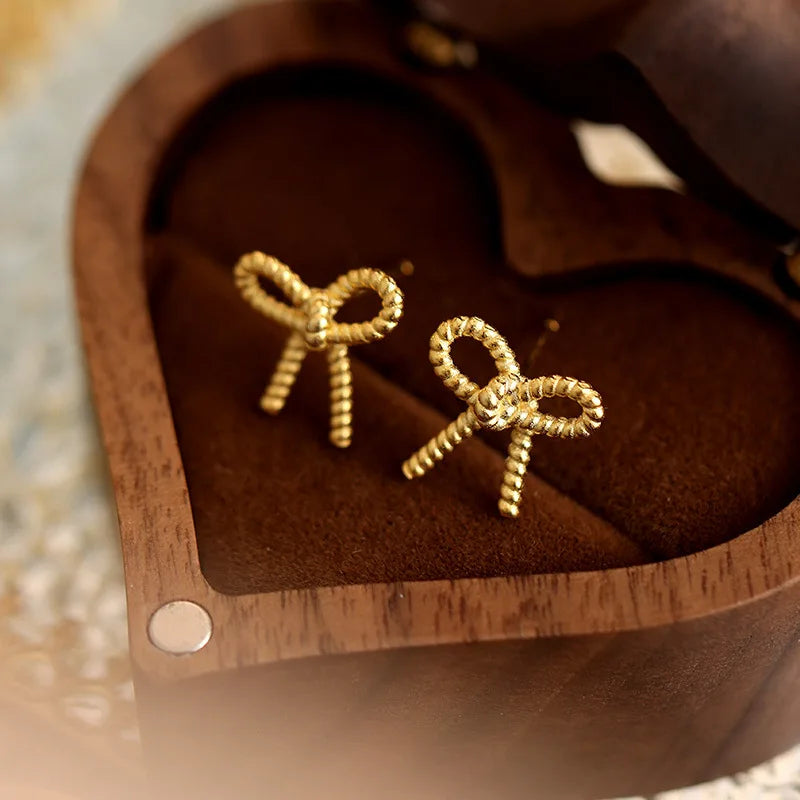 18K Ribbon Bow Stud Exquisite 925 Sterling Silver Bow Knot Earrings Women Cute Jewelry