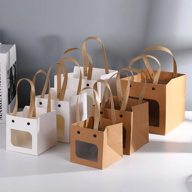 Square Clear Window Handle Kraft Paper Bag Gifts Sweet Favor Shopping Cookie Candle Cake Take Away Paper Bag