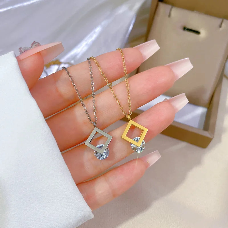 Stainless Steel Minimalist square Zircon Jewelry Necklace Lock Neck Bone Chain