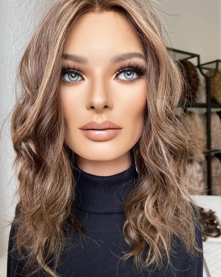 Wholesale Brown With Blonde Highlight Wavy Human Hair Wig  Cuticule Aligned Brazilian Virgin 100% Human Hair Lace Wig