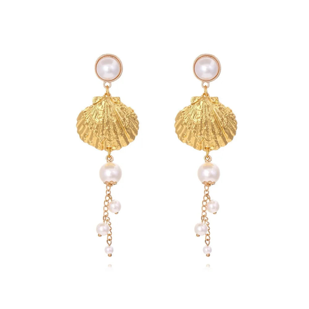 Vacation Style Alloy Shell Pearl Design Imitation Pearl Long Tassel Drop Ears Stud Elegant Luxury Fashion Modern Trendy Jewel