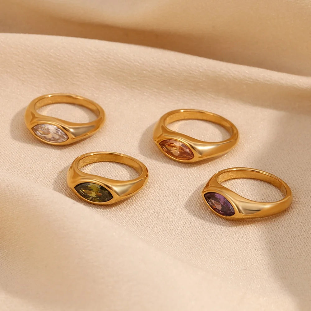 Colorful Horse Eye Zircon Signet Ring 18k Gold Plated Statement Jewelry Tarnish Free Jewelry Stainless Steel