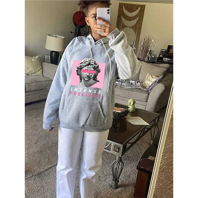 Direct Sales from Manufacturer Large Size Loose Lady Hoodie with New Statue Print Woven Fabric for Spring and Winter
