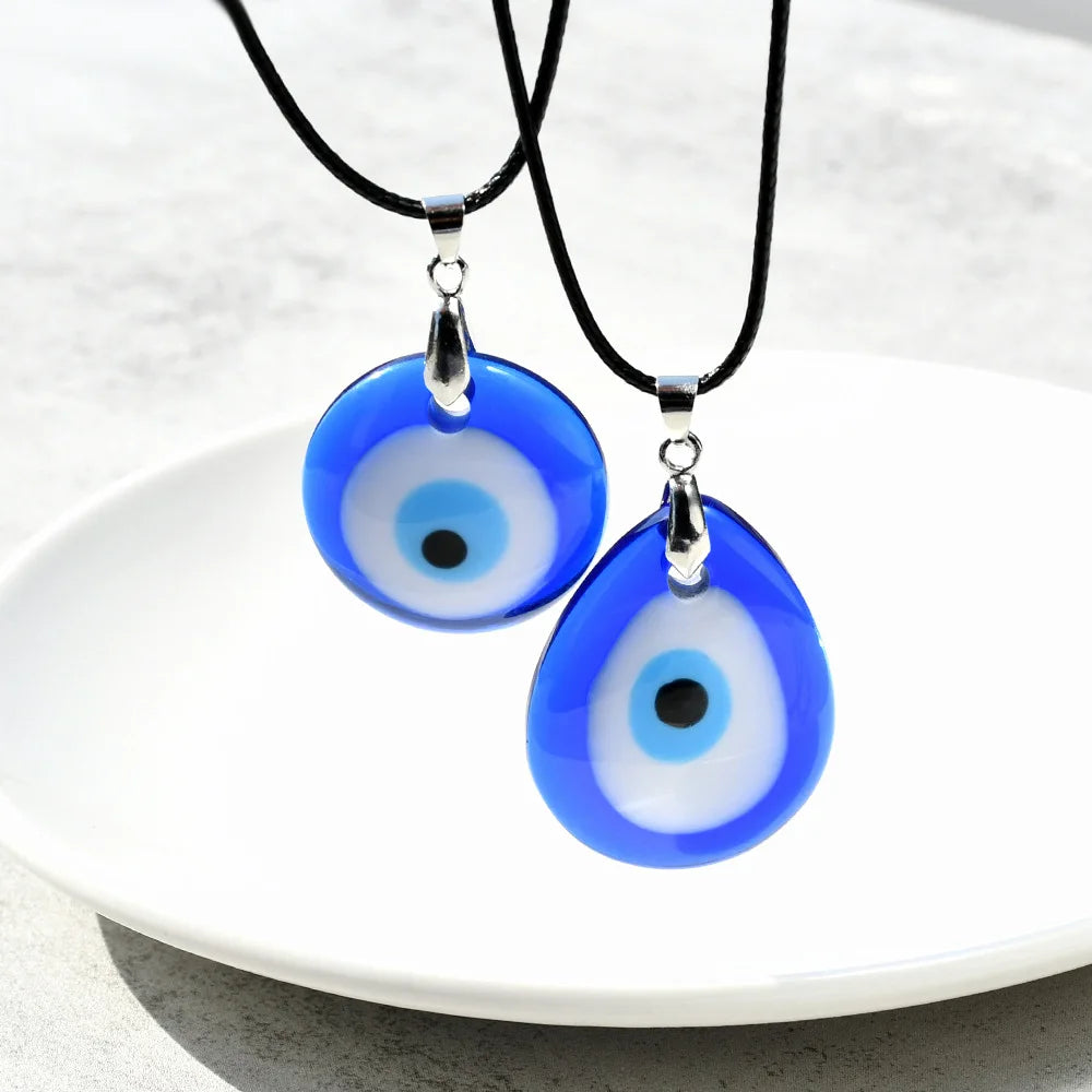 Hot Sale Blue Water Drop Demon Eye Leather Rope Pendant Necklace Ladies Blue Resin Turkish Evil Eyes Necklace
