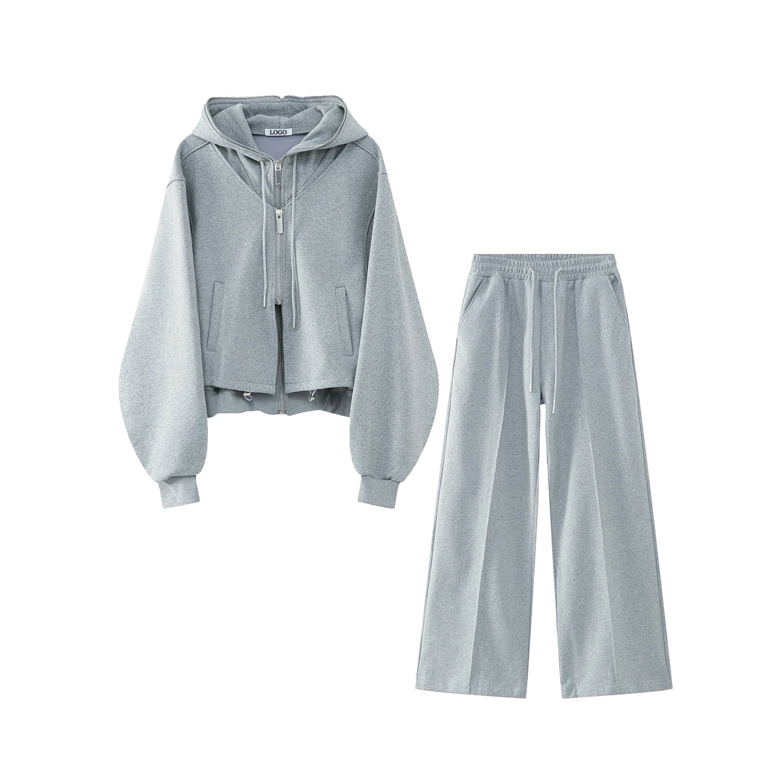 Custom Unisex Embroidered Hooded Streetwear Heavyweight Double Layer Cropped Top Full Zip Hoodie Stacked Flared Sweatpants Sw