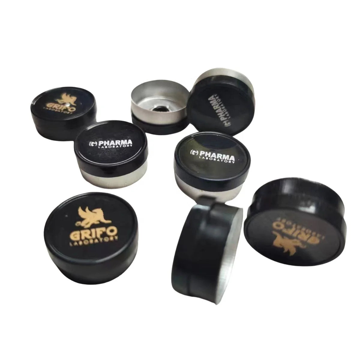 Brazil Famous Pharma Brand Custom Logo Texts Customized Cap with Gold Printing and White Printing for 10ml Vial Label