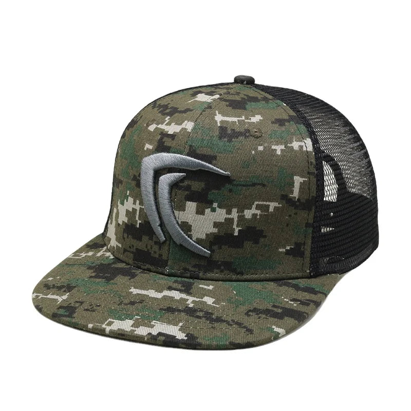 GOLDFOUR GC-7088 ODM Factory Custom 3D Embroidery Character Unisex Snapback Flat Bill Caps Camo Trucker Hat Cotton+Mesh Fishi