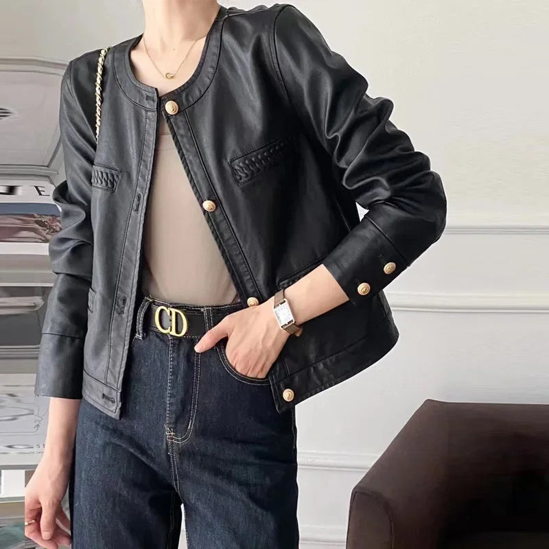 2023 Women's PU Leather Jacket with Round Neck Simple Korean Style Fashionable Top Waterproof New Spring Autumn Collection