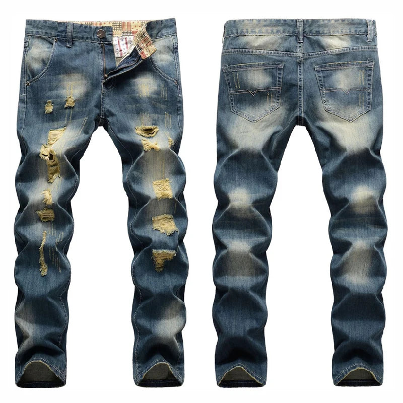 AeeDenim Factory Custom Ripped Jeans Men's Slim Straight Large Size Fashion Korean Style Trend Personality Beggar Long Pants