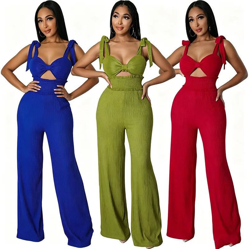 2026 Summer New Fashion Pure Color V-neck Pleated Jumpsuit Wide Leg Long Pants Women Summer Casual One Piece Jumpsuits