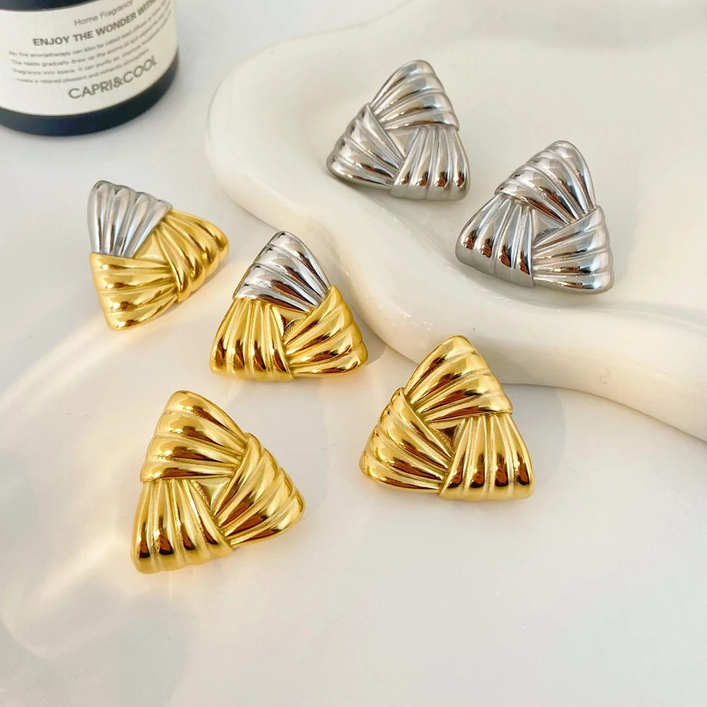 18k Gold Stainless Steel Woven Texture Patchwork Triangular Earrings Fashion Jewelry
