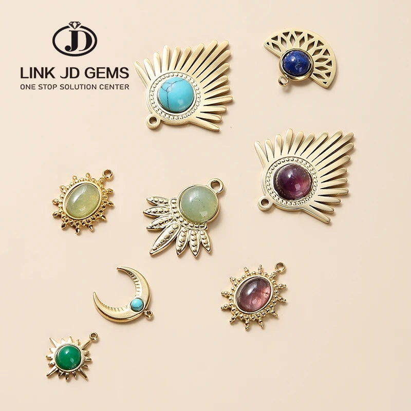JD Wholesale Amethyst Blue Turquoises Inlay Stainless Steel Pendants Natural Stone Bohemian Charms for Jewelry Making Accesso