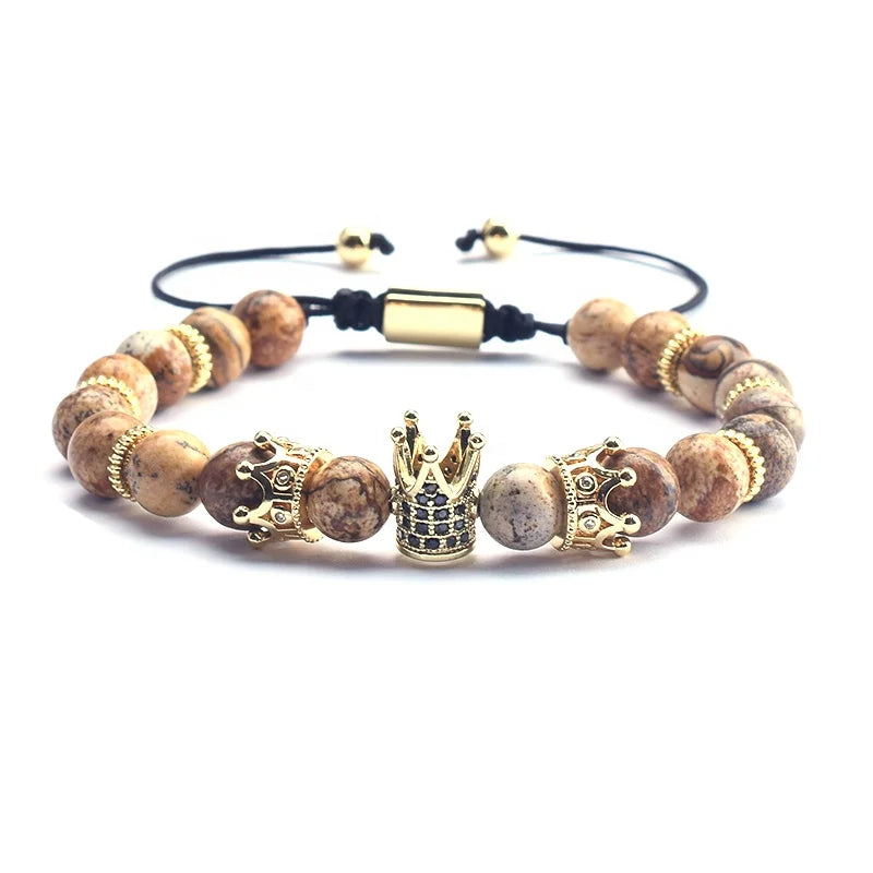 2023 Luxury Wholesale Unisex Jewelry Couple Men Crystal Zircon king Crown Charm Natural Stone Bead Adjustable Bracelet for Wo