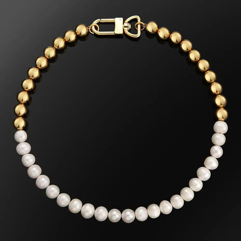 Aimgal Fashion Jewellery 316 Stainless Steel Beads 10mm Natural Freshwater Pearl 18K Gold Plated Hiphop Men's Necklace Tarnis