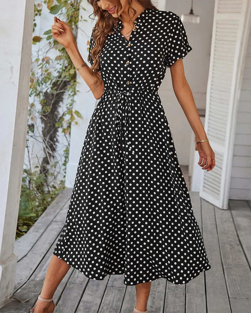 Ladies Polka Dot Print Shirt Dress Women Casual Midi Holiday Summer Dress Female Loose Women Beach Dress Sundress Robe Vestid