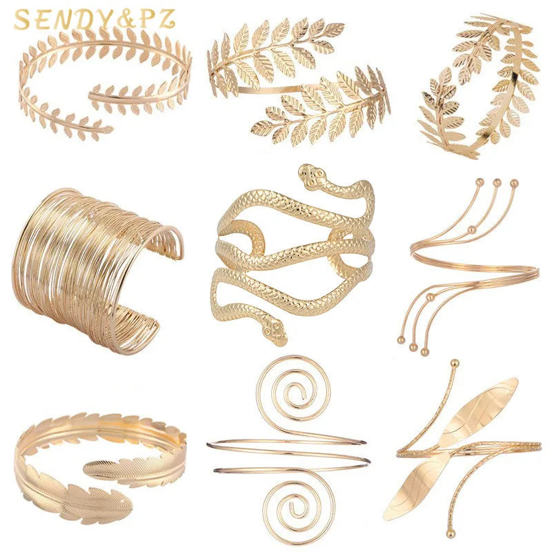 Fashion Baroque Personality Metal Bracelet Vintage Multi-layered Gold Wide Cuff Leaf Snake Armlet Bangles